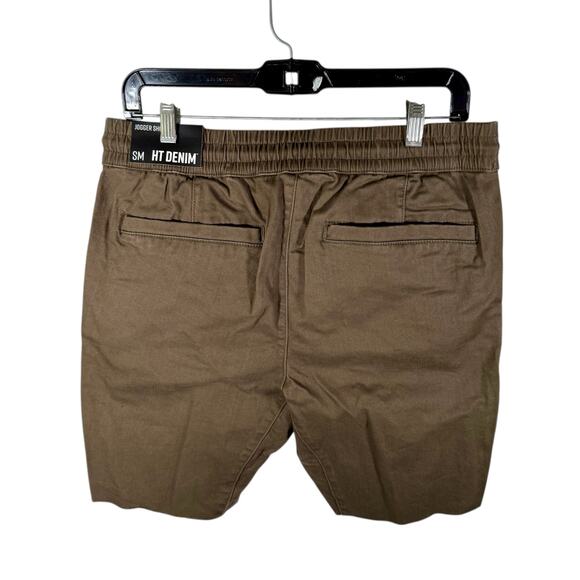 Hot Topic NWT Men's Small HT Denim Brown Jogger Shorts Drawstring Raw Hem - Picture 3 of 11